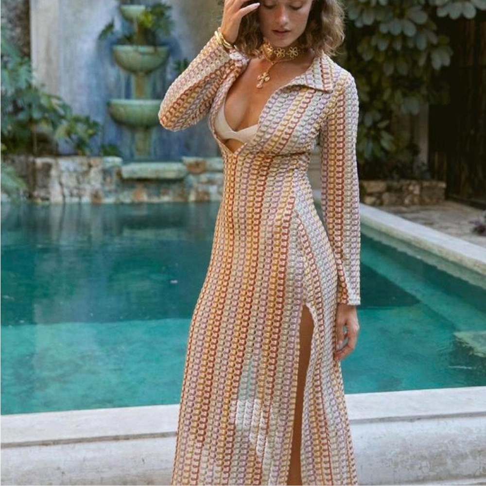 70s style crochet knit maxi dress